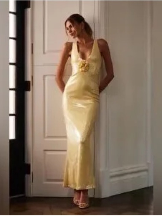 Meshki Dresses & Skirts - Meshki Yellow Satin Maxi Dress with Floral Detail